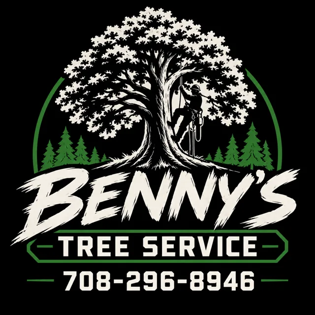 Benny’s Tree Service logo with a tree and climbing arborist. Phone 708-296-8946.